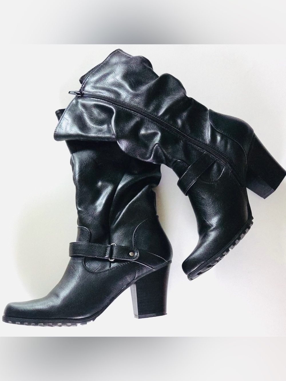 Apt.9 Black Vegan Leather Boots Mid Calf Slouchy Block High Heel Ankle Belt Luxe